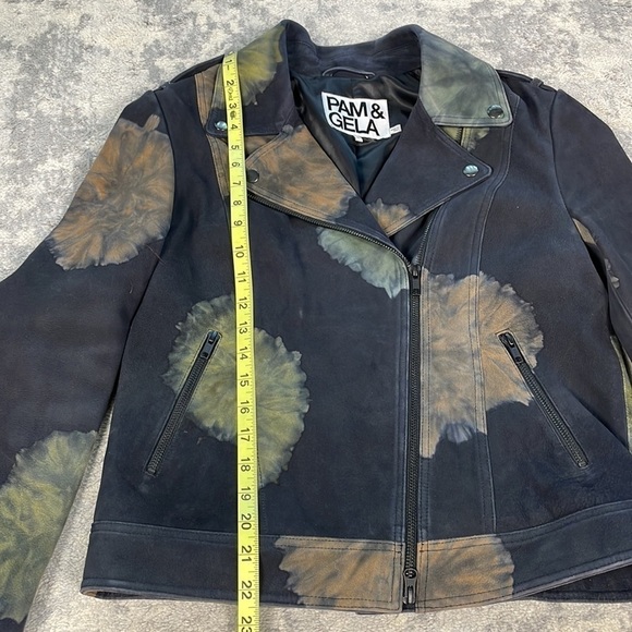 Pam & Gela Tie Dyed Leather Painted Floral Moto Biker Jacket Black Sz M - Picture 8 of 14